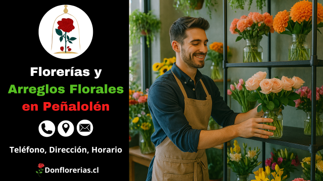 Florería en Peñalolén con despacho a domicilio. Un florista sonriente coloca un florero con rosas color durazno en un estante de vidrio, rodeado de flores frescas como gerberas, tulipanes y margaritas. Floristería en Peñalolén con atención personalizada, arreglos florales naturales y servicio de envío a domicilio.