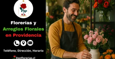 Florería en Providencia con despacho a domicilio. Un florista sonriente acomoda claveles rosados en un florero blanco dentro de una tienda decorada con rosas, margaritas y arreglos florales variados. Floristería en Providencia con atención personalizada, flores frescas y servicio de entrega a domicilio en toda la comuna.