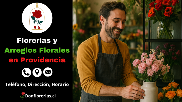 Florería en Providencia con despacho a domicilio. Un florista sonriente acomoda claveles rosados en un florero blanco dentro de una tienda decorada con rosas, margaritas y arreglos florales variados. Floristería en Providencia con atención personalizada, flores frescas y servicio de entrega a domicilio en toda la comuna.