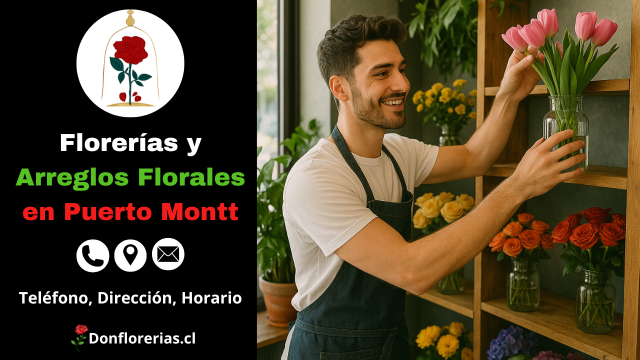 Florería en Puerto Montt con despacho a domicilio. Un florista joven sonríe mientras acomoda tulipanes rosados en un florero de vidrio en una tienda decorada con flores frescas como rosas, margaritas y girasoles. Floristería en Puerto Montt con atención personalizada, venta de arreglos florales y servicio de entrega a domicilio.