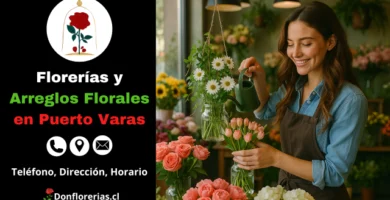 Florería en Puerto Varas con despacho a domicilio. Una florista sonriente acomoda tulipanes rosados y margaritas blancas en una tienda decorada con rosas, hortensias y arreglos florales frescos. Floristería en Puerto Varas con atención cercana, flores naturales y servicio de envío a domicilio en la zona.