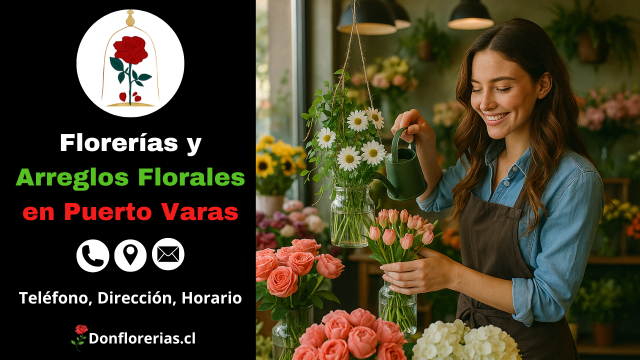 Florería en Puerto Varas con despacho a domicilio. Una florista sonriente acomoda tulipanes rosados y margaritas blancas en una tienda decorada con rosas, hortensias y arreglos florales frescos. Floristería en Puerto Varas con atención cercana, flores naturales y servicio de envío a domicilio en la zona.
