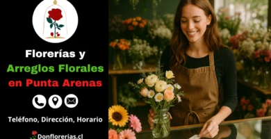 Florería en Punta Arenas con despacho a domicilio. Una florista sonriente coloca una tarjeta en un florero con un arreglo de flores blancas, amarillas y rosadas, en una tienda decorada con margaritas, gerberas y rosas. Floristería en Punta Arenas con atención cercana, arreglos florales naturales y servicio de envío a domicilio.