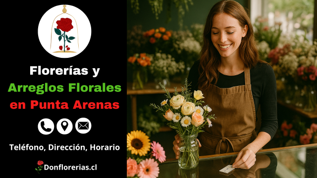 Florería en Punta Arenas con despacho a domicilio. Una florista sonriente coloca una tarjeta en un florero con un arreglo de flores blancas, amarillas y rosadas, en una tienda decorada con margaritas, gerberas y rosas. Floristería en Punta Arenas con atención cercana, arreglos florales naturales y servicio de envío a domicilio.