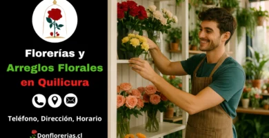 Florería en Quilicura con despacho a domicilio. Un florista joven sonríe mientras organiza flores amarillas en una repisa blanca, rodeado de rosas y gerberas en una tienda llena de luz natural. Floristería en Quilicura con atención personalizada, arreglos florales frescos y servicio de envío a domicilio en toda la comuna.