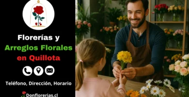 Florería en Quillota con despacho a domicilio. Un florista sonriente entrega una flor amarilla a una niña en una tienda decorada con margaritas, rosas y flores frescas de colores vivos. Floristería en Quillota con atención personalizada, venta de arreglos florales y servicio de envío a domicilio para toda la comuna.