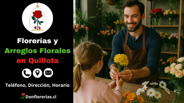 Florería en Quillota con despacho a domicilio. Un florista sonriente entrega una flor amarilla a una niña en una tienda decorada con margaritas, rosas y flores frescas de colores vivos. Floristería en Quillota con atención personalizada, venta de arreglos florales y servicio de envío a domicilio para toda la comuna.