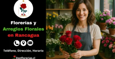 Florería en Rancagua con despacho a domicilio. Una florista sonriente sostiene un ramo de rosas rojas en una tienda decorada con flores naturales como margaritas, claveles y tulipanes. Floristería en Rancagua con atención personalizada, arreglos florales frescos y servicio de envío a domicilio en la zona.