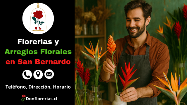 Florería en San Bernardo con despacho a domicilio. Un florista sonriente organiza un arreglo exótico con flores tropicales anaranjadas y rojas sobre una mesa de madera en una tienda decorada con plantas y floreros. Floristería en San Bernardo con servicio de envío a domicilio, atención cercana y amplia variedad de arreglos florales.