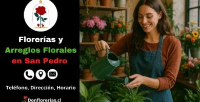 Florería en San Pedro con despacho a domicilio. Una florista sonriente riega una planta verde con una regadera en una tienda decorada con flores frescas como rosas, hortensias y margaritas. Floristería en San Pedro con atención cercana, plantas ornamentales y servicio de envío floral a domicilio en la comuna.