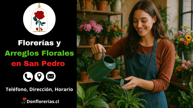 Florería en San Pedro con despacho a domicilio. Una florista sonriente riega una planta verde con una regadera en una tienda decorada con flores frescas como rosas, hortensias y margaritas. Floristería en San Pedro con atención cercana, plantas ornamentales y servicio de envío floral a domicilio en la comuna.