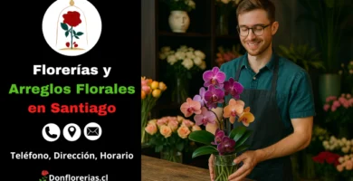 Florería en Santiago con despacho a domicilio. Un florista sonriente sostiene un florero con orquídeas moradas y rosadas sobre un mostrador de madera, rodeado de tulipanes, rosas y flores frescas. Floristería en Santiago con atención personalizada, venta de arreglos florales y servicio de envío a domicilio en la capital.