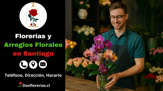 Florería en Santiago con despacho a domicilio. Un florista sonriente sostiene un florero con orquídeas moradas y rosadas sobre un mostrador de madera, rodeado de tulipanes, rosas y flores frescas. Floristería en Santiago con atención personalizada, venta de arreglos florales y servicio de envío a domicilio en la capital.