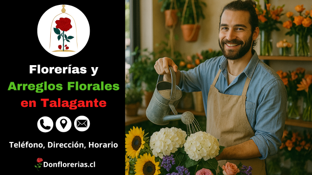 Florería en Talagante con despacho a domicilio. Un florista sonriente riega hortensias blancas y girasoles en una tienda llena de arreglos florales con colores vivos y plantas decorativas. Floristería en Talagante con atención cercana, flores naturales y servicio de envío a domicilio en toda la comuna.
