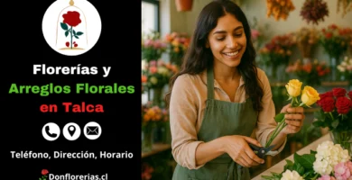 Florería en Talca con despacho a domicilio. Una florista sonriente corta el tallo de una rosa amarilla en una tienda decorada con flores frescas como claveles, hortensias y rosas rojas. Floristería en Talca con atención personalizada, arreglos florales naturales y servicio de envío a domicilio en la ciudad.