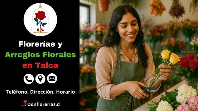 Florería en Talca con despacho a domicilio. Una florista sonriente corta el tallo de una rosa amarilla en una tienda decorada con flores frescas como claveles, hortensias y rosas rojas. Floristería en Talca con atención personalizada, arreglos florales naturales y servicio de envío a domicilio en la ciudad.