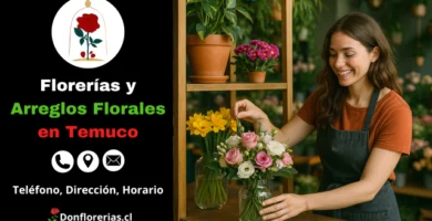 Florería en Temuco con despacho a domicilio. Una florista sonriente acomoda un ramo de flores rosadas y blancas en un florero de vidrio, rodeada de narcisos amarillos y decoración natural. Floristería en Temuco con atención personalizada, arreglos florales frescos y servicio de envío floral a domicilio en la ciudad.