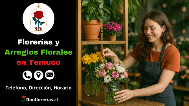 Florería en Temuco con despacho a domicilio. Una florista sonriente acomoda un ramo de flores rosadas y blancas en un florero de vidrio, rodeada de narcisos amarillos y decoración natural. Floristería en Temuco con atención personalizada, arreglos florales frescos y servicio de envío floral a domicilio en la ciudad.