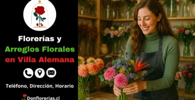 Florería en Villa Alemana con despacho a domicilio. Una florista sonriente sostiene un colorido ramo con dalias, crisantemos y una flor exótica ave del paraíso, en una tienda llena de arreglos florales frescos. Floristería en Villa Alemana con atención cercana, servicio de envío a domicilio y decoración natural.