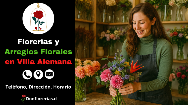Florería en Villa Alemana con despacho a domicilio. Una florista sonriente sostiene un colorido ramo con dalias, crisantemos y una flor exótica ave del paraíso, en una tienda llena de arreglos florales frescos. Floristería en Villa Alemana con atención cercana, servicio de envío a domicilio y decoración natural.