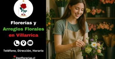 Florería en Villarrica con despacho a domicilio. Una florista joven y sonriente acomoda flores silvestres y margaritas en un florero de cerámica sobre un mesón de madera, rodeada de arreglos frescos en una tienda con decoración natural. Floristería en Villarrica con atención personalizada, venta de arreglos florales y servicio de envío a domicilio.