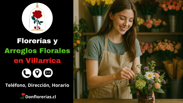 Florería en Villarrica con despacho a domicilio. Una florista joven y sonriente acomoda flores silvestres y margaritas en un florero de cerámica sobre un mesón de madera, rodeada de arreglos frescos en una tienda con decoración natural. Floristería en Villarrica con atención personalizada, venta de arreglos florales y servicio de envío a domicilio.