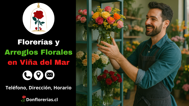Florería en Viña del Mar con despacho a domicilio. Un florista sonriente organiza un ramo de flores amarillas y rosadas en un estante azul dentro de una tienda llena de arreglos florales frescos. Floristería en Viña del Mar con atención cercana, ramos personalizados y servicio de envío a domicilio.